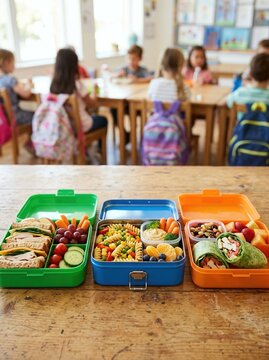 Three colorful lunchboxes filled with healthy food on a wooden school table. Promoting nutritious eating habits and friendship among students. World Children's Day World Children Day celebration.