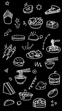 Animated doodle elements of international dishes, fast food, snacks, and restaurant meals. Seamless loop video background with black and white lines in vertical format. 