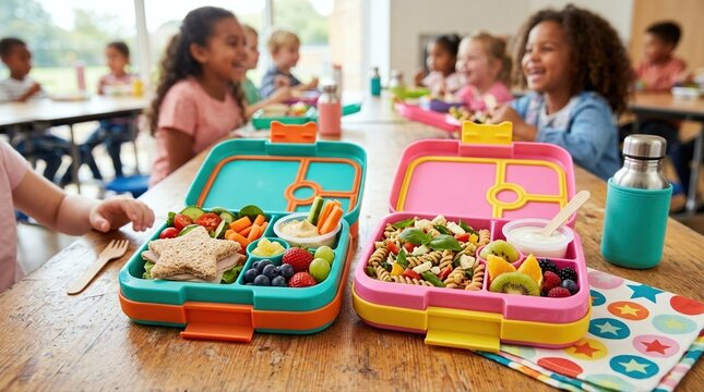 Colorful lunchboxes filled with healthy food on a wooden school table. Happy children enjoying nutritious meals together in a classroom. World Children's Day World Childrens Day celebration of.