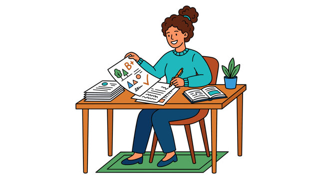 Female profesor vector grading student papers at her desk
