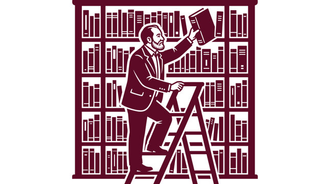 Profesor vector taking a book from high shelf in a library