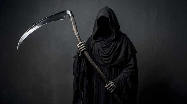 A mysterious figure of death wearing a dark hooded cloak and holding a sharp metal scythe