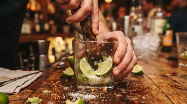 Bartender muddling fresh lime slices in a glass at a bar