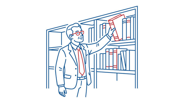 Profesor vector reaching for a book on a library shelf