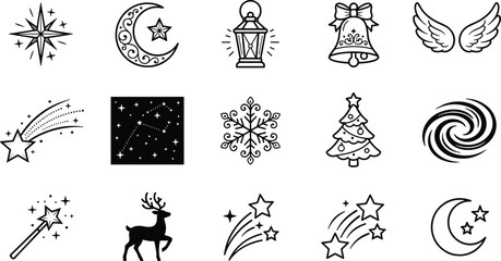 Naklejka premium Christmas magic vector line art icon set featuring celestial stars crescent moon lantern bell angel wings reindeer snowflake and holiday tree elements
