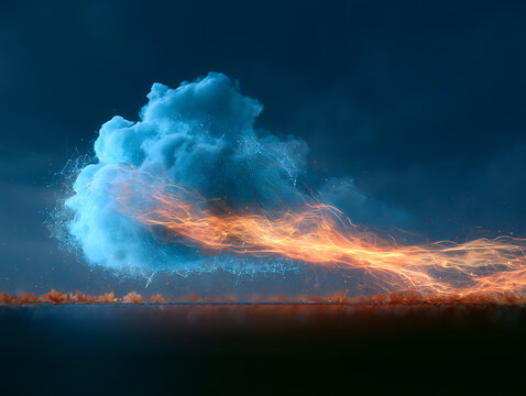 Cloud with orange lightning moving across the dark sky above the ground during evening time
