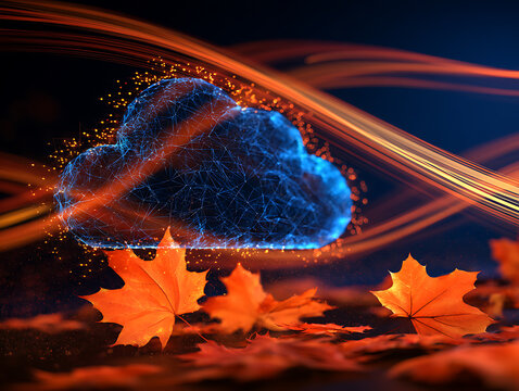 Digital cloud surrounded by autumn leaves and abstract light patterns