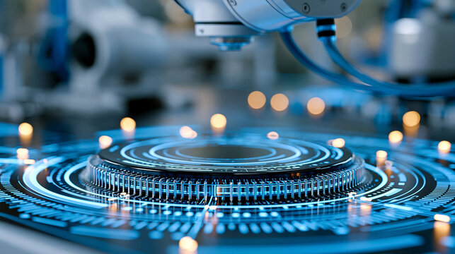 Industrial data foundation interface connecting condition monitoring, quality control and smart factory automation, defocused technological oversight system visualization, with