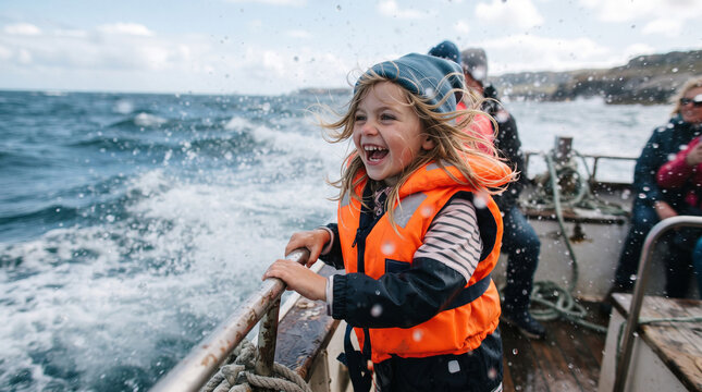 Joyful young girl on a boat ride splashing through rough ocean waves