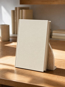 Blank hardcover book mockup with limestone bookend on oak reading table
