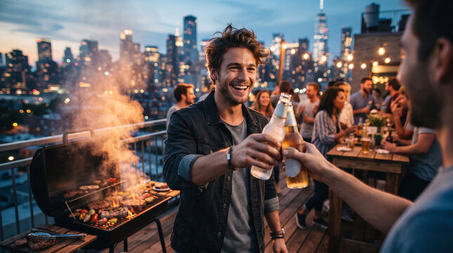 Friends enjoying a rooftop barbecue party in the city at dusk