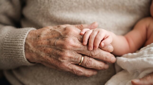 Close up of an elderly person holding the tiny hand of a newborn baby with love