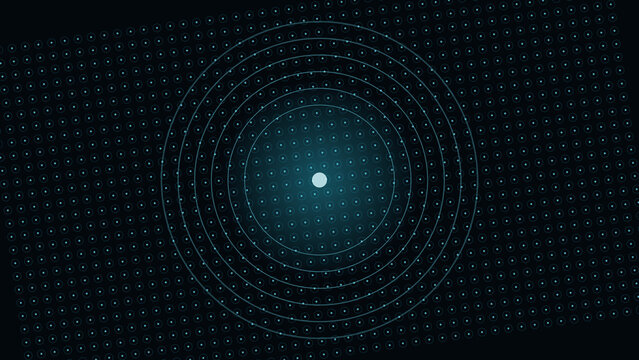 Abstract digital technology background with glowing center point and concentric radar rings over dark blue grid