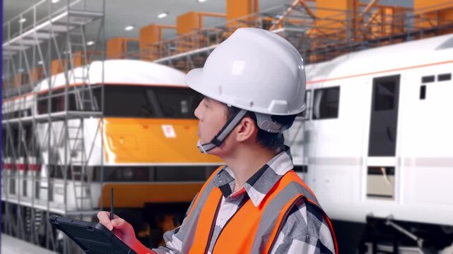 Close Up Side View Of Asian Male Engineer With Safety Helmet Taking Note On The Tablet And Looking Around While Standing at Train Locomotives Maintenance Depot Scaffolding
