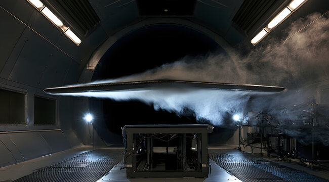 Inside the modern wind tunnel facility equipped with research equipment, a model of the carbon fiber airplane wing is displaying a white smoke trail to demonstrate the aerodynamics of its airflow test