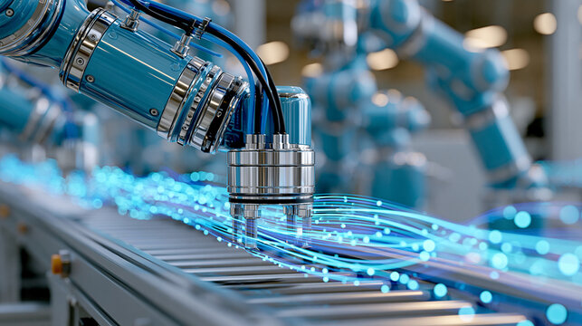 Digital twin of automated smart factory with azure data flows, defocused technological simulation visualization, manufacturing oversight system representation, with copy space