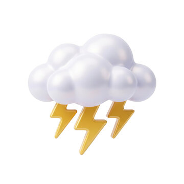 3d render of a fluffy white weather cloud with three yellow lightning bolts hanging underneath, isolated on transparent background