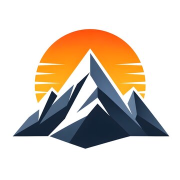 Nature adventure logo design featuring icy mountain peaks against a bright orange sunrise or sunset background.