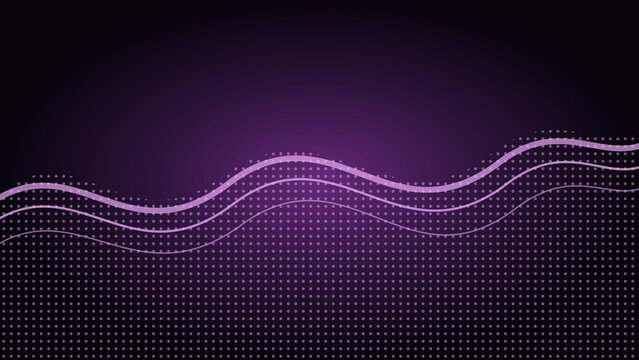 Abstract dark purple digital background featuring neon glowing wave lines and minimalist halftone dot patterns for futuristic tech presentations and art