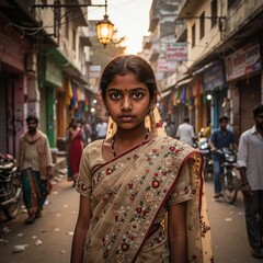 Fototapeta premium Portrait d'une jeune fille indienne en sari traditionnel dans une rue animée de village, généré par IA