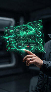 Futuristic green interface displaying health data with circular progress indicators, symbolizing advanced technology and wellness monitoring