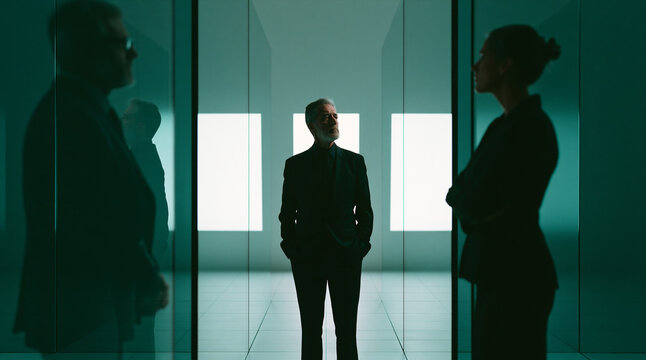 futuristic corporate office with businesspeople behind glass partitions, modern business corridor with executive in black suit and teal lighting, sophisticated glass office interior with professionals