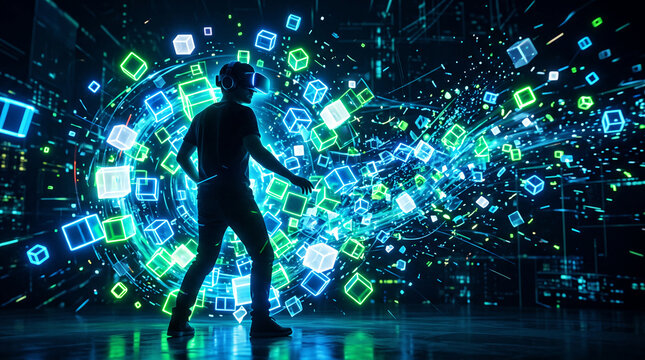 Silhouette of person wearing VR headset amidst glowing neon cubes and digital particles, representing virtual reality immersion and the metaverse.
