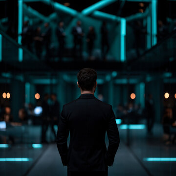 futuristic corporate office with businesspeople behind glass partitions, modern business corridor with executive in black suit and teal lighting, sophisticated glass office interior with professionals