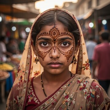Portrait d'une jeune fille indienne en sari traditionnel dans une rue anim&eacute;e de village, g&eacute;n&eacute;r&eacute; par IA