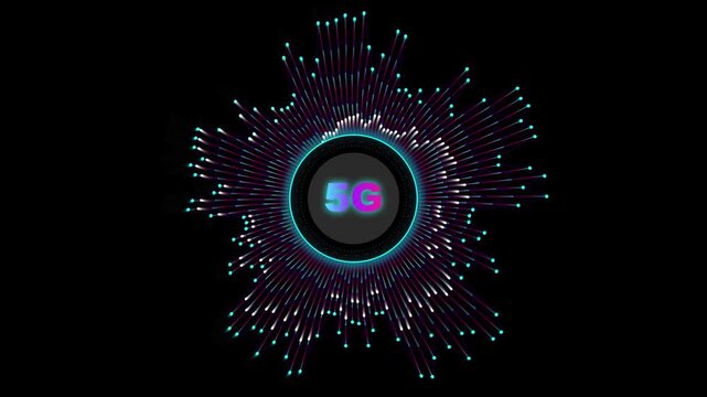 Neon 5g logo animation with radiating fiber optic data lines and futuristic energy.