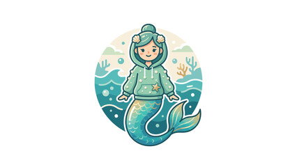 Fototapeta premium Mermaid character in green hoodie with ocean backdrop.