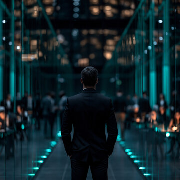 futuristic corporate office with businesspeople behind glass partitions, modern business corridor with executive in black suit and teal lighting, sophisticated glass office interior with professionals