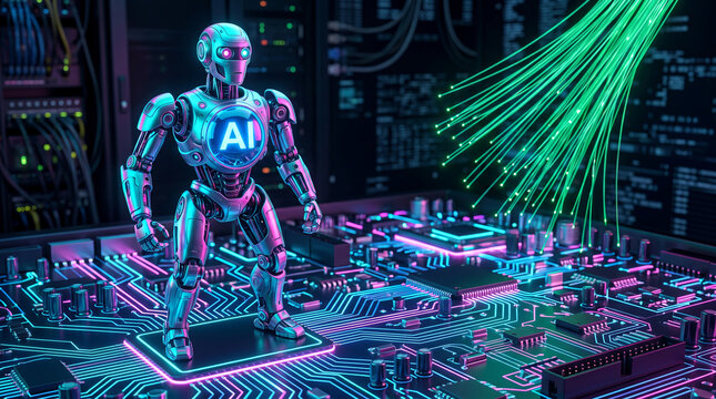Robotic figure with an AI logo on chest standing on a circuit board, symbolizing advanced technology and artificial intelligence, digital future concept.