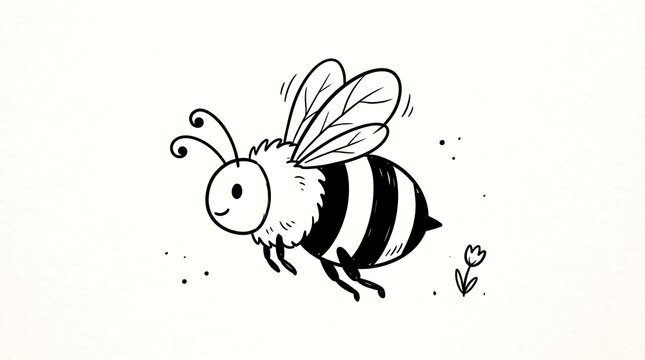 Hand-drawn bumblebee illustration, cute honey bee sketch on white background, whimsical flying insect line art for nature projects