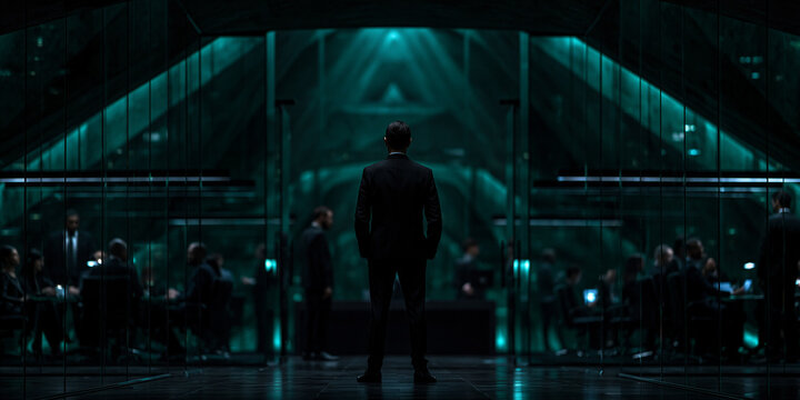 futuristic corporate office with businesspeople behind glass partitions, modern business corridor with executive in black suit and teal lighting, sophisticated glass office interior with professionals