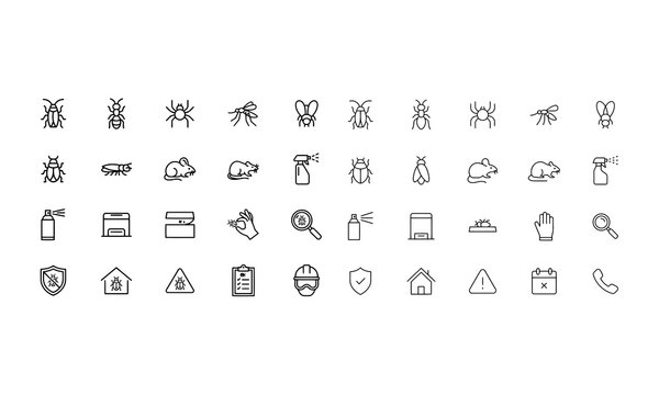 Set outline icons related to pest control, bugs, insects. Linear icon collection. Editable stroke. Vector illustration