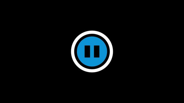 Circular pause button icon with blue center and white outline, isolated on black background, representing media control, video playback, streaming, audio, entertainment and interface design
