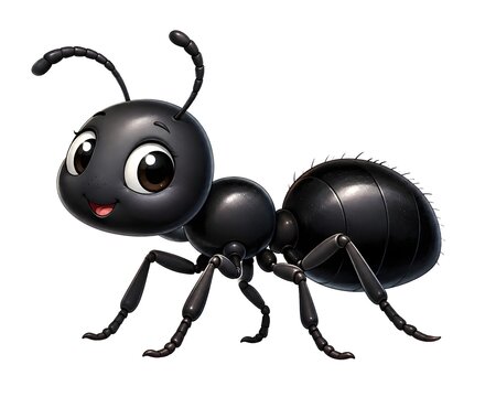 Cute cartoon black ant character with a rounded body, large expressive eyes, six legs, and playful antennae, isolated on a pure white background. 