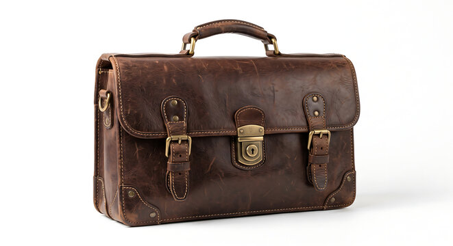 Vintage Leather Briefcase: A rugged, distressed leather briefcase with brass hardware and buckles, showcasing classic design and timeless style for the modern professional.