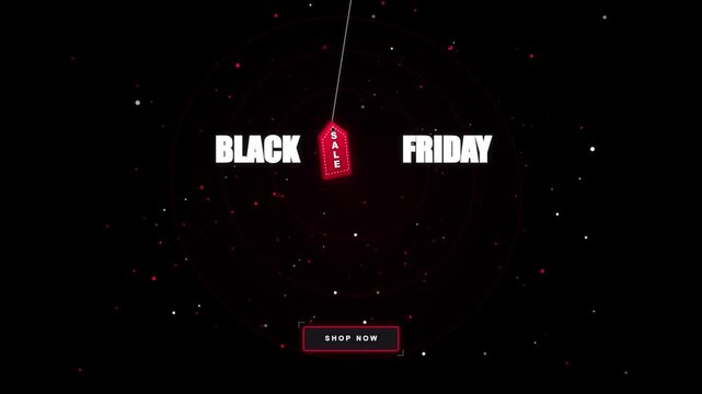 Black friday white text with hanging red sale tag and shop now button on dark background