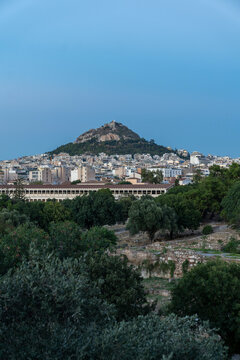 View of Mount Lycabettus and Stoa of Attalos in Athens