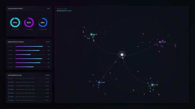 Advanced data analytics interface with cluster matching graphs live embedding logs, for big data analysis, machine learning algorithms, artificial intelligence research, neural network