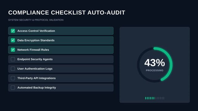 Compliance checklist auto audit interface with security verification process, for system protection, data safety, risk management, cybersecurity monitoring