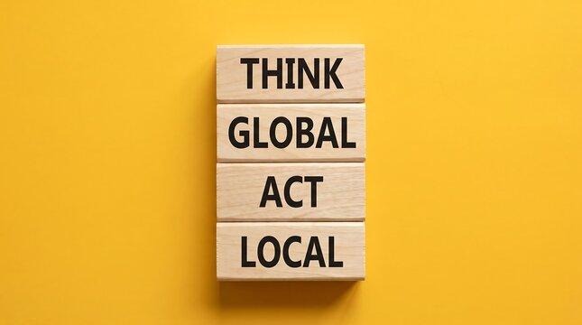 Think Global Act Local business concept on wooden blocks. International strategy and community action message on yellow background.