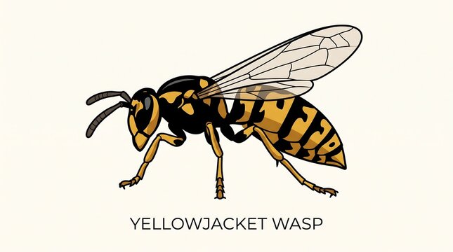 Yellowjacket wasp illustration, detailed hornet insect profile, yellow and black stinging pest on cream background