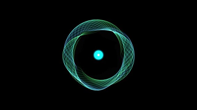 Glowing abstract digital ring rotating with cyan core and translucent flowing waves of emerald green light creating hypnotic motion effect for modern dynamic visual media projects