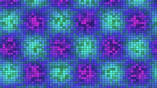 Neon pixel grid pattern with vibrant blue and purple shifting squares creating an energetic retro background animation perfect for modern digital motion design and gaming projects
