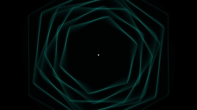 Abstract tunnel with glowing teal hexagonal lines expanding on dark black background.