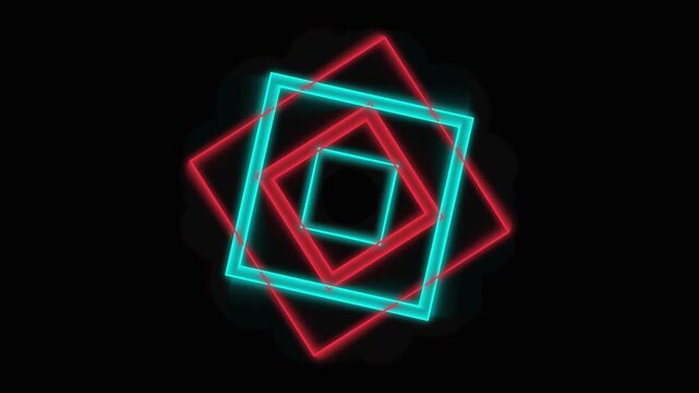 Glowing neon squares rotating in a hypnotic loop animation display vibrant red and cyan light trails against a deep black background for modern digital motion footage