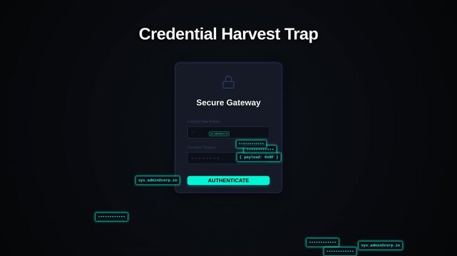 Cyber security login form with credential harvest trap payload extraction, for digital threat, phishing attack, data breach, malicious software activity in online systems